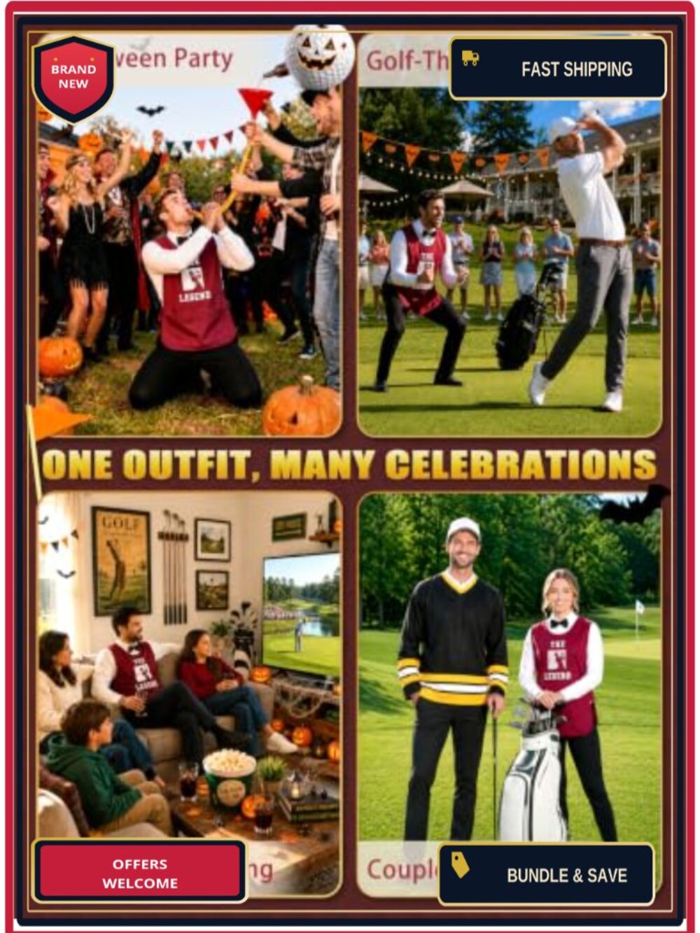 Golf Caddy Halloween Costume Set Red Caddie Outfit Bow Tie Adult - Picture 5 of 5